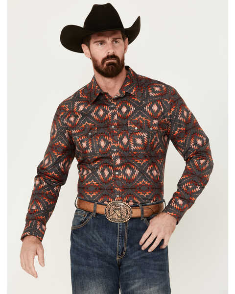 Rock & Roll Denim Men's Southwestern Print Long Sleeve Pearl Snap Stretch Western Shirt, Dark Grey, hi-res