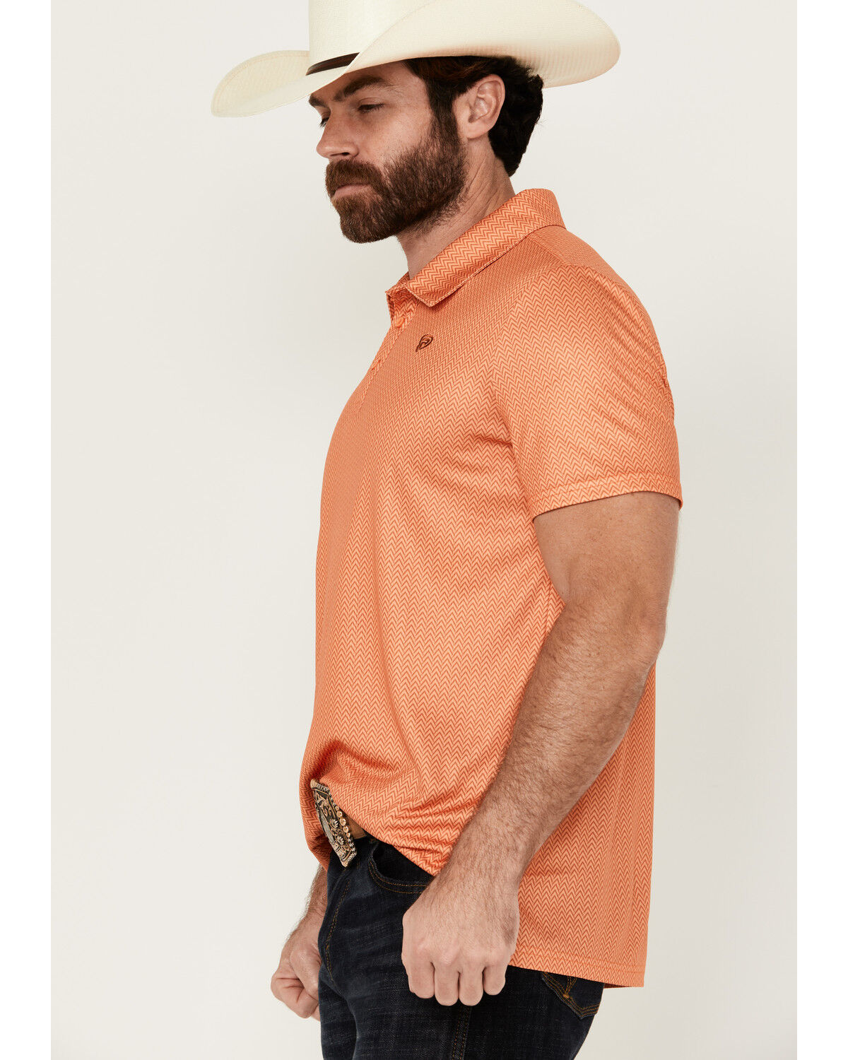 Image #2 - Rock & Roll Denim Men's Geo Print Short Sleeve Stretch Polo Shirt, Orange, hi-res