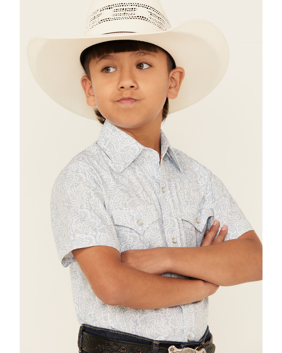 Image #2 - Ely Walker Boys' Paisley Print Short Sleeve Snap Western Shirt, Navy, hi-res