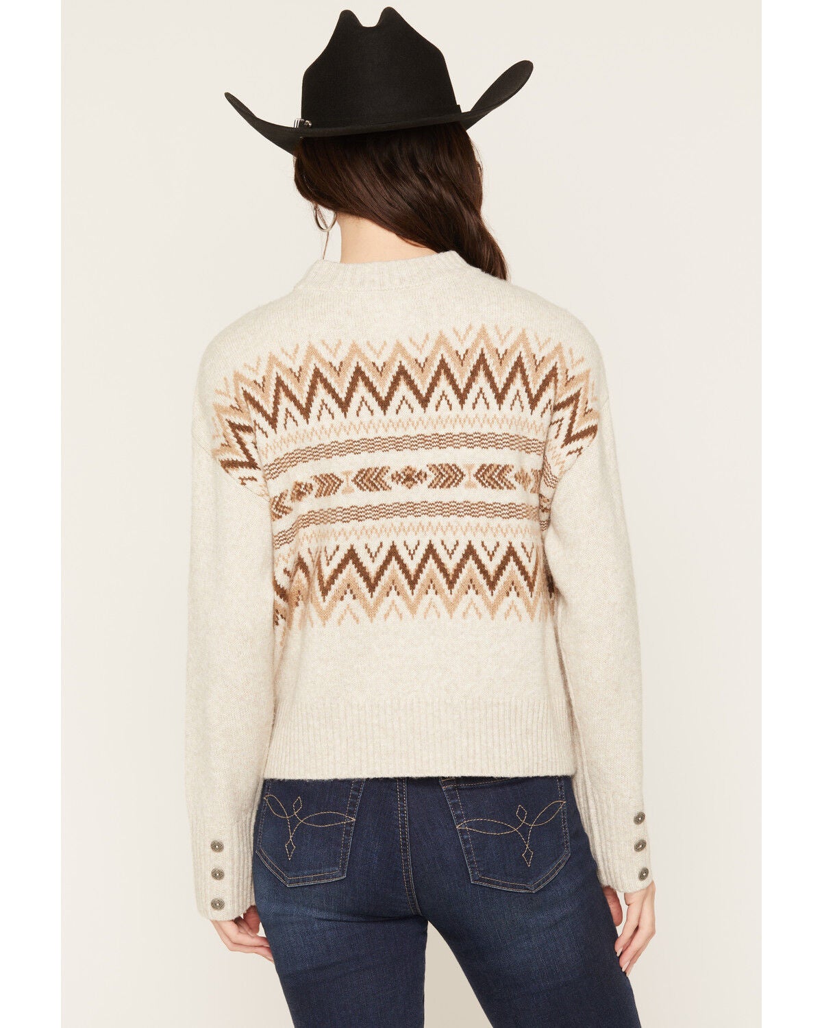 Image #4 - Ariat Women's Southwestern Print Lodge Sweater, Oatmeal, hi-res