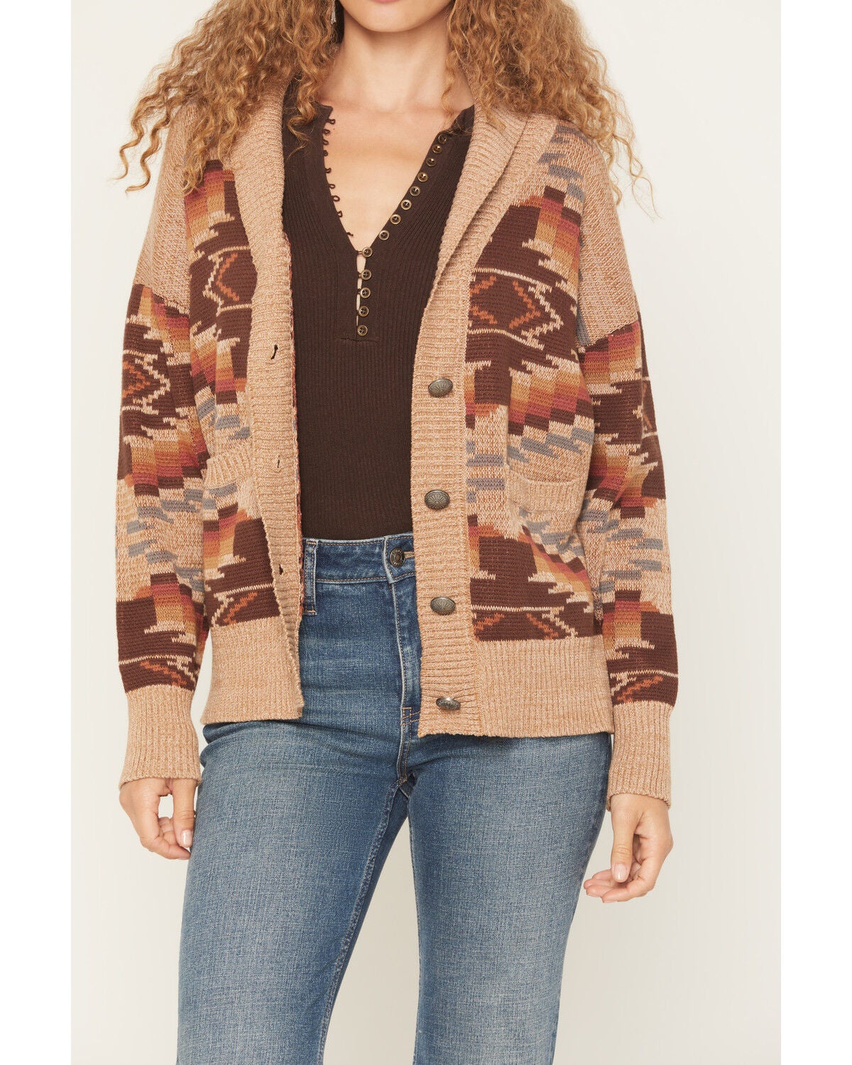 Image #3 - Cotton & Rye Women's Southwestern Print Button-Down Cardigan, Brown, hi-res