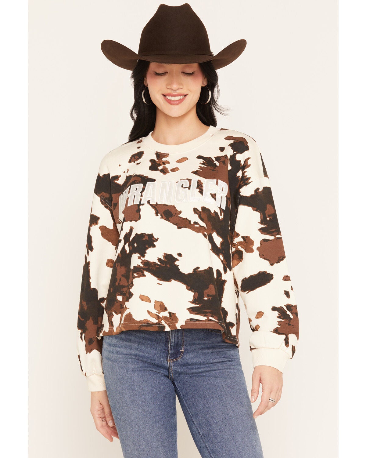Wrangler Women's Cow Print Crew Neck Sweatshirt, Cream, hi-res