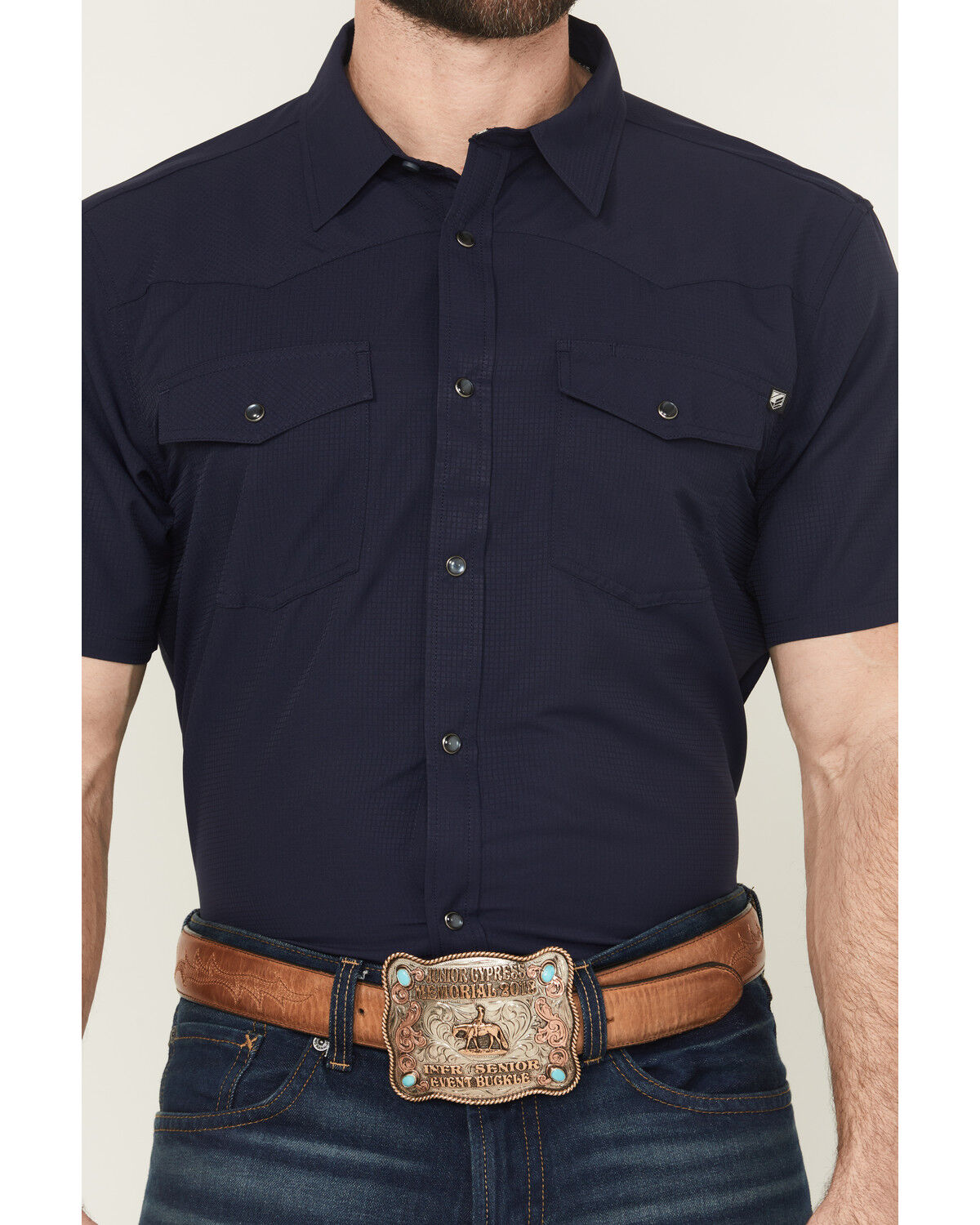 Image #3 - RANK 45® Men's Ridge Solid Short Sleeve Snap Performance Western Shirt, Navy, hi-res