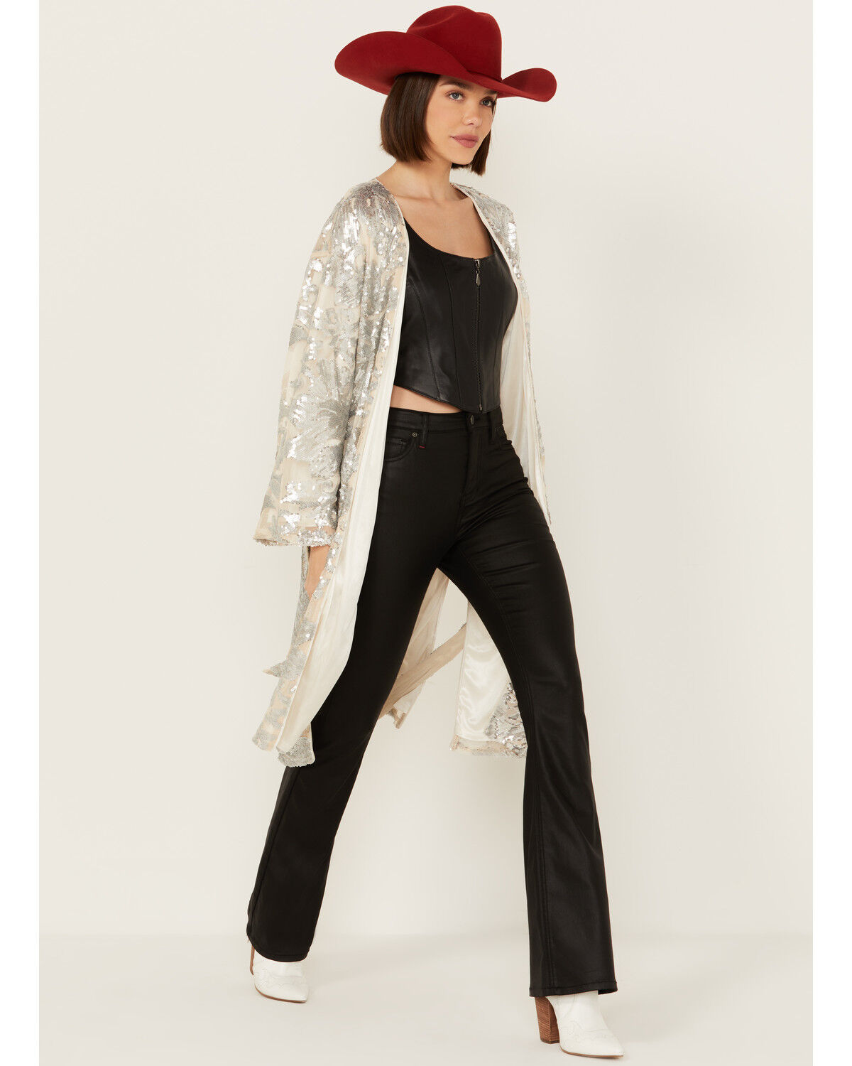 Image #1 - Sadie & Sage Women's Aura Sequin Floral Kimono, Silver, hi-res