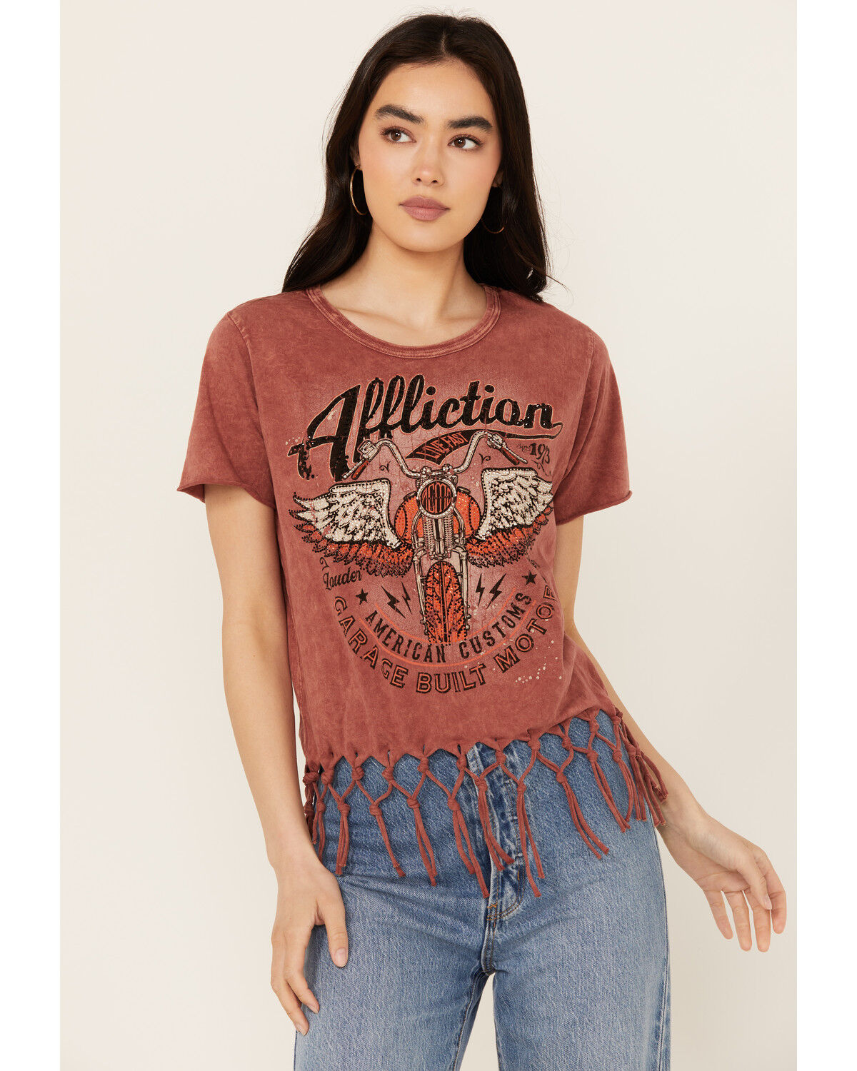 Image #1 - Affliction Women's Moto Fringe Short Sleeve Graphic Tee, Rust Copper, hi-res