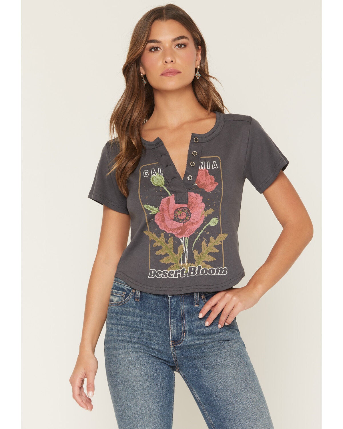 Shyanne Women's Golden Coast Short Sleeve Henley Tee, Dark Grey, hi-res