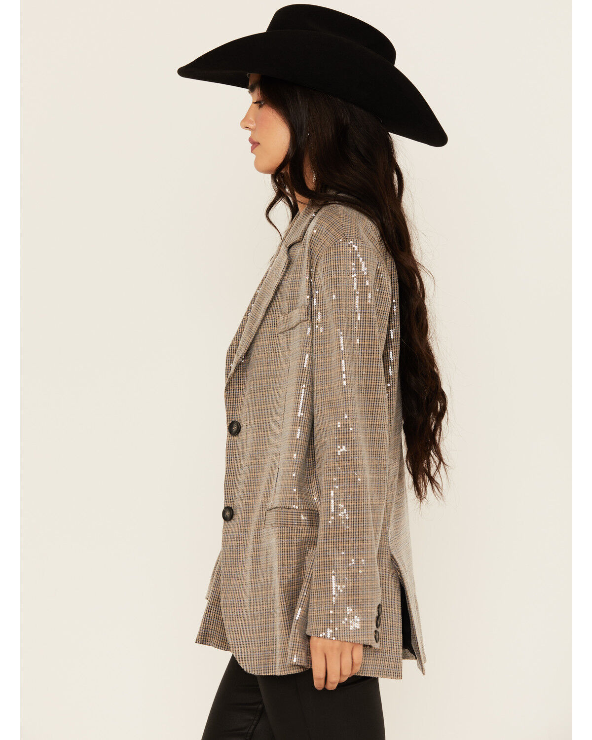 Image #2 - Mystree Women's Plaid Print Sequin Blazer, Grey, hi-res