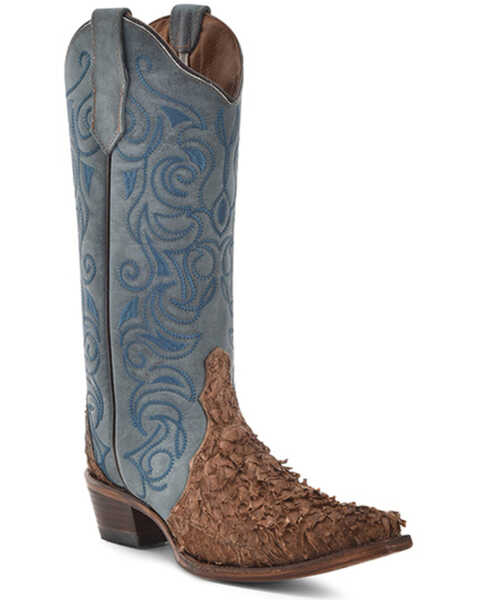 Corral Women's Exotic Pirarucu Western Boots - Snip Toe , Brown/blue, hi-res