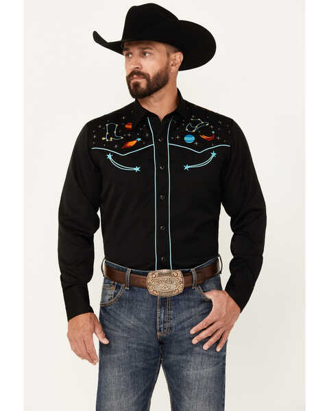 Roper Men's Old West Embroidered Long Sleeve Snap Western Shirt, Black, hi-res