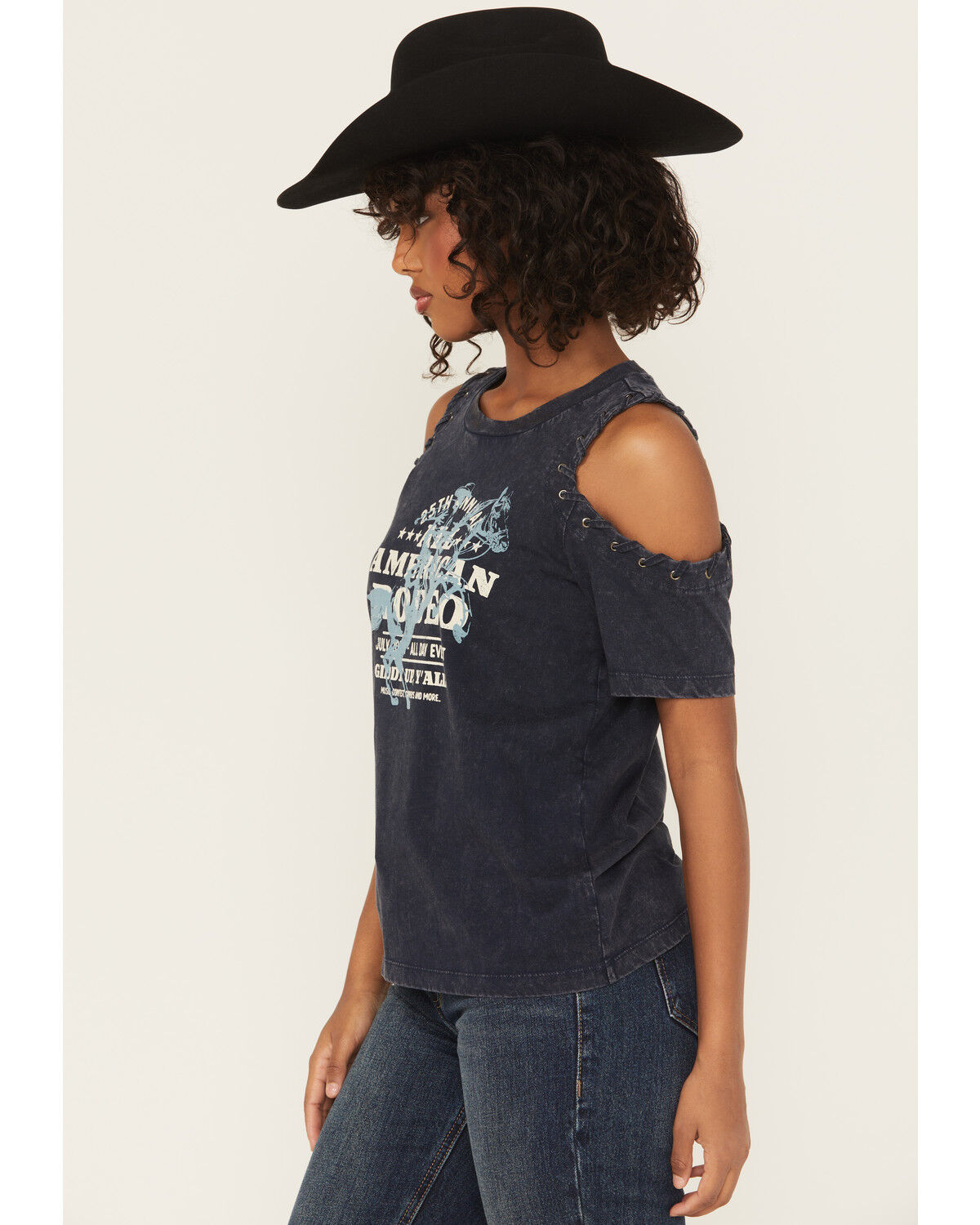 Image #2 - Shyanne Women's All American Rodeo Cold Shoulder Short Sleeve Graphic Tee, Indigo, hi-res