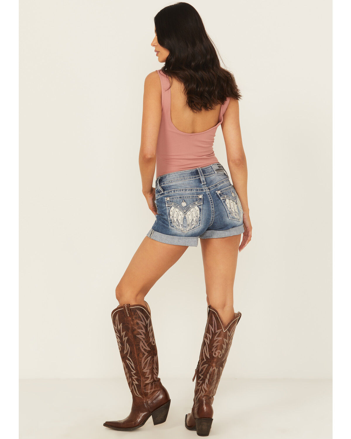 Image #1 - Miss Me Women's Medium Wash Mid Rise Rolled Hem Denim Shorts, Medium Wash, hi-res