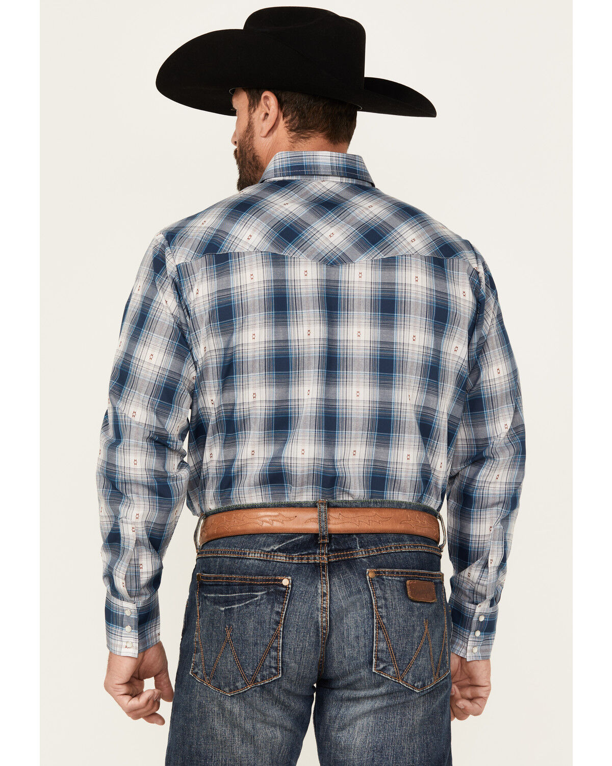 Image #4 - Ely Walker Men's Plaid Print Long Sleeve Pearl Snap Western Shirt, Navy, hi-res