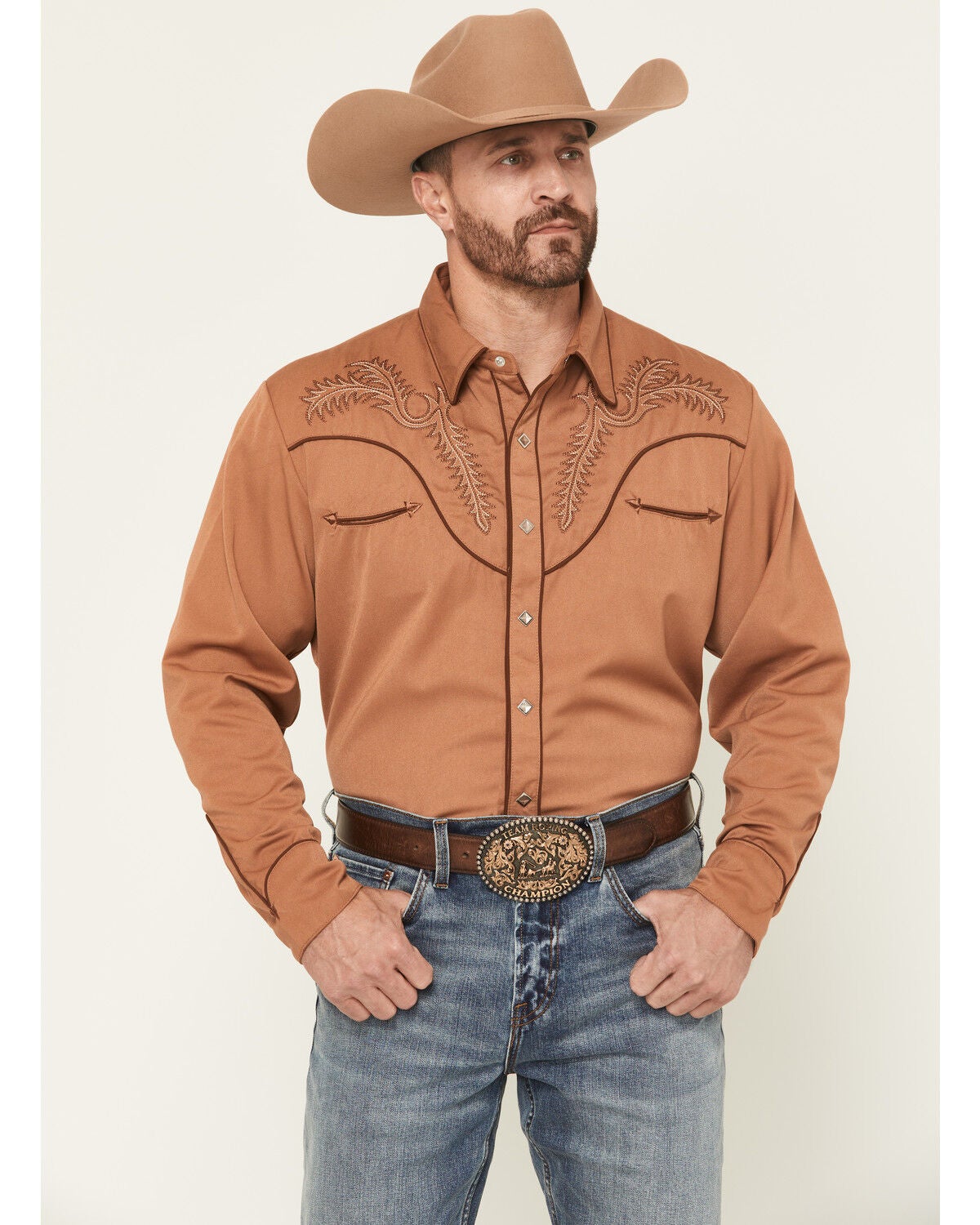 Scully Men's Embroidered Long Sleeve Snap Western Shirt - Big, Brown, hi-res