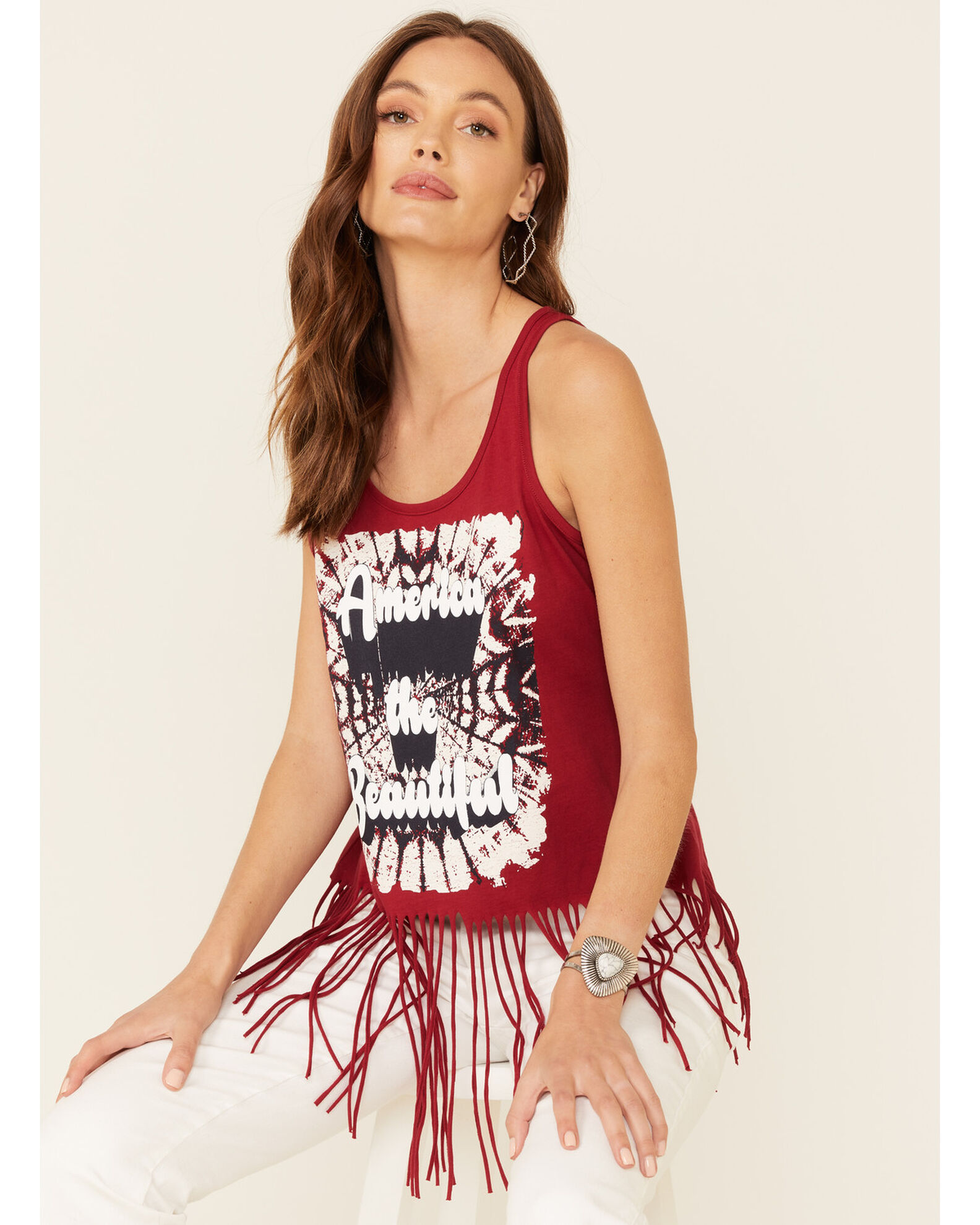 Product Name: Shyanne Women's America The Beautiful Graphic Fringe Tank Top