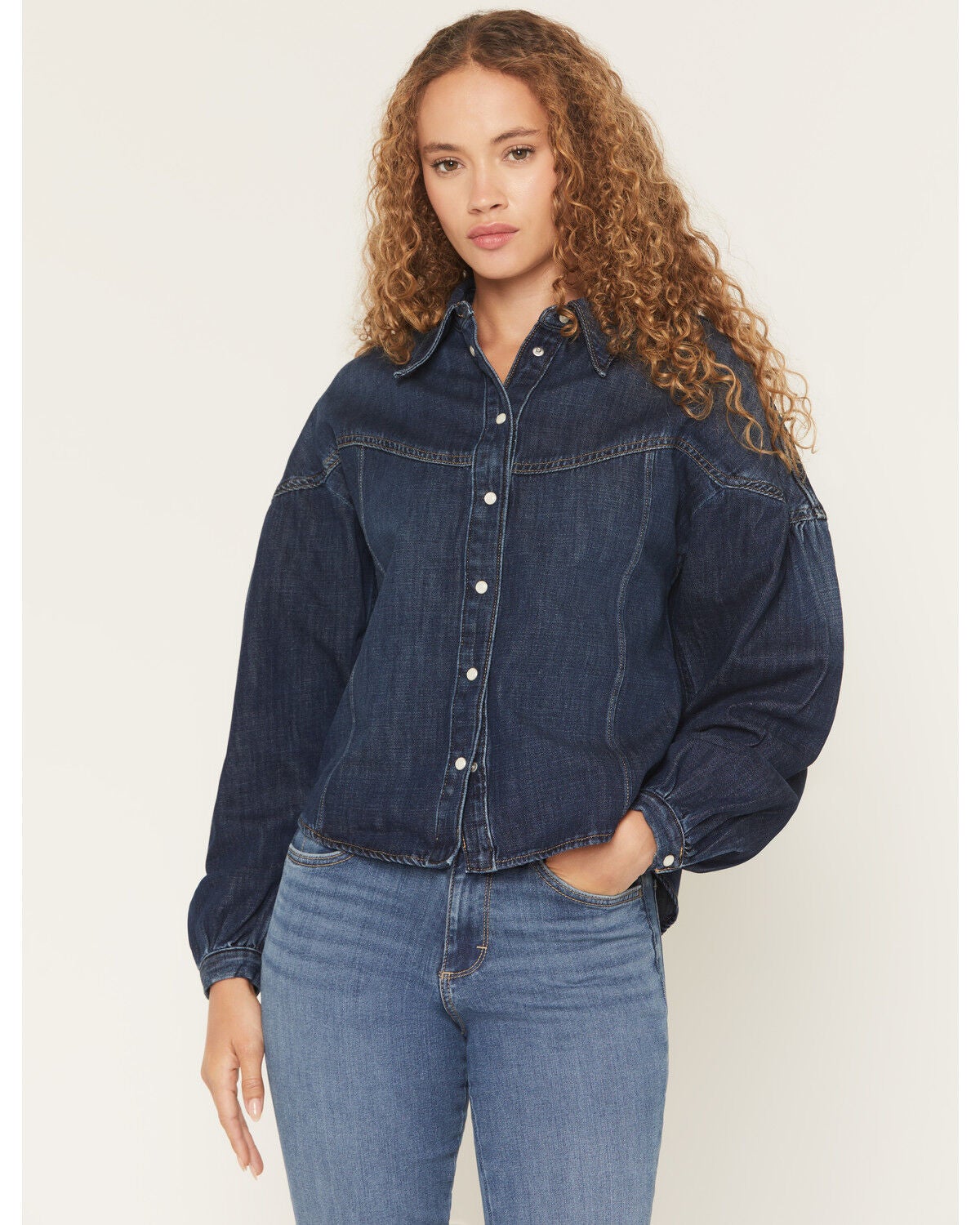 Image #1 - Wrangler Women's Dark Wash Pintuck Long Sleeve Snap Denim Shirt, Dark Wash, hi-res