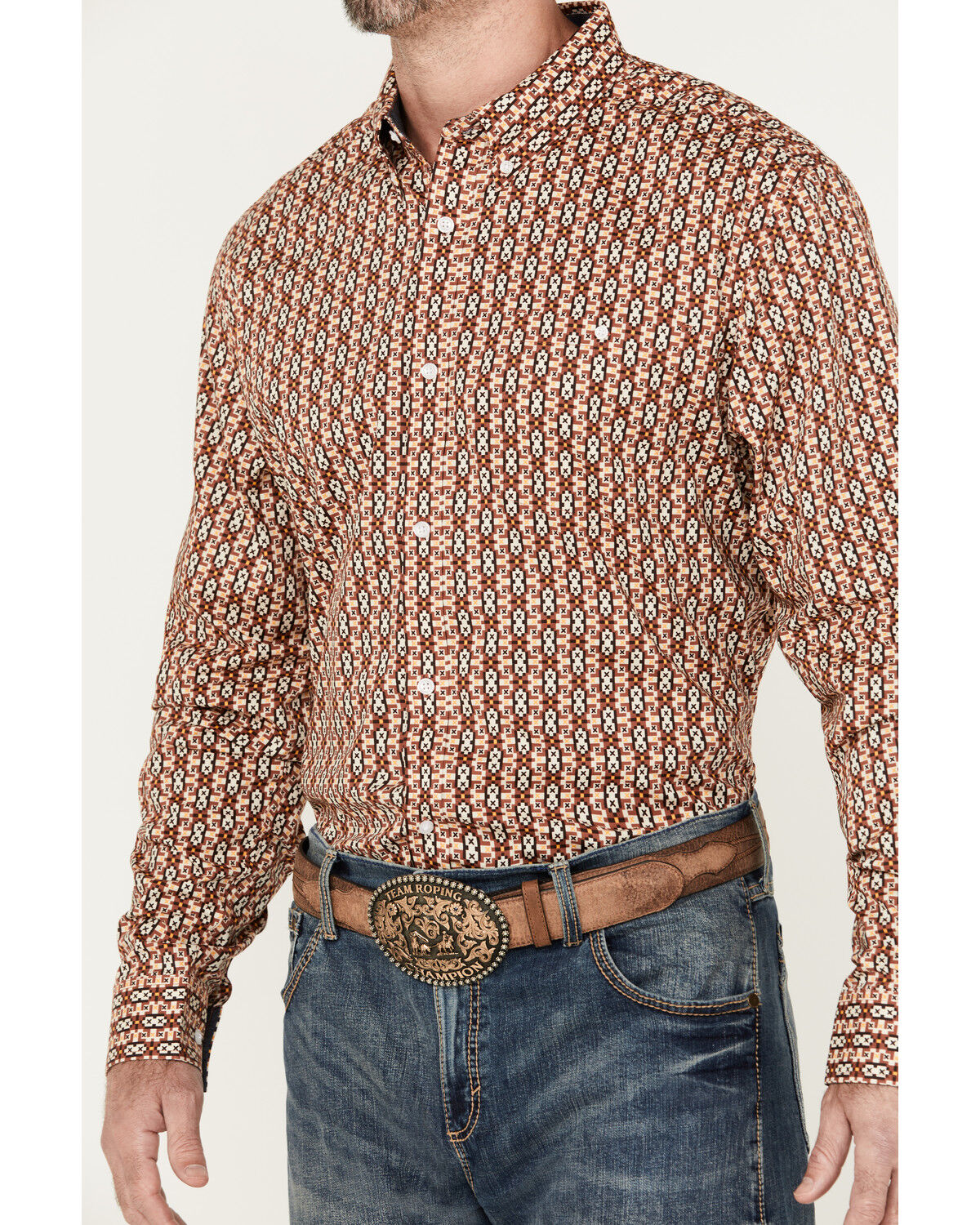 Image #3 - RANK 45® Men's Spur Printed Long Sleeve Button-Down Stretch Western Shirt, Pecan, hi-res