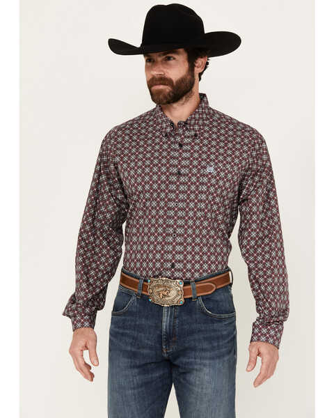 Cinch Men's Medallion Print Long Sleeve Button-Down Western Shirt, Dark Pink, hi-res
