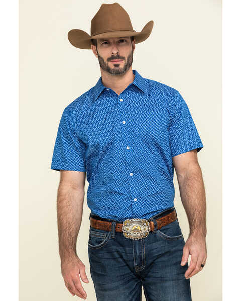 Image #1 - Gibson Men's Combover Geo Print Short Sleeve Western Shirt , Royal Blue, hi-res