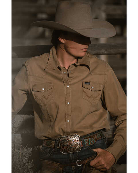 Image #1 - Wrangler Women's Solid Long Sleeve Snap Western Shirt, Tan, hi-res