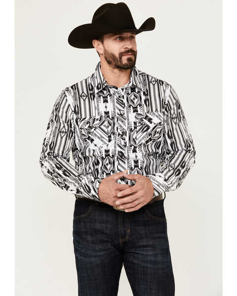 Rock & Roll Denim Men's Modern Fit Southwestern Print Long Sleeve Snap Stretch Western Shirt, White, hi-res