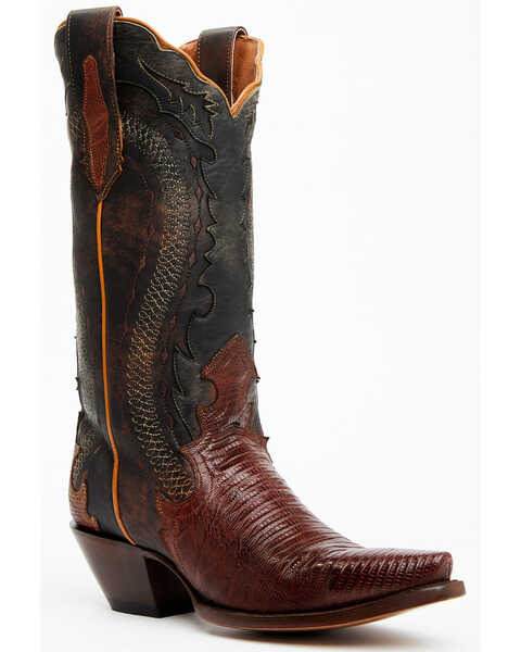 Dan Post Women's 12" Exotic Lizard Western Boots - Snip Toe , Black/tan, hi-res