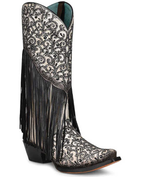 Image #1 - Corral Women's Glitter Fringe Western Boots - Snip Toe , Black/white, hi-res