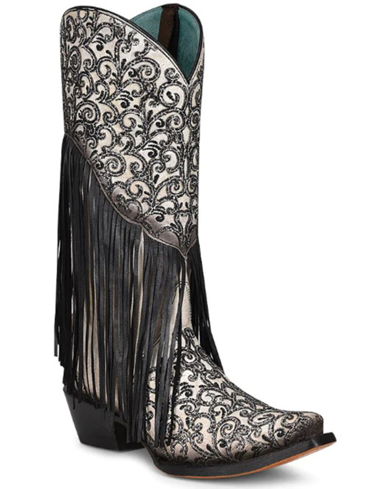 Corral Women's Glitter Fringe Western Boots - Snip Toe , Black/white, hi-res