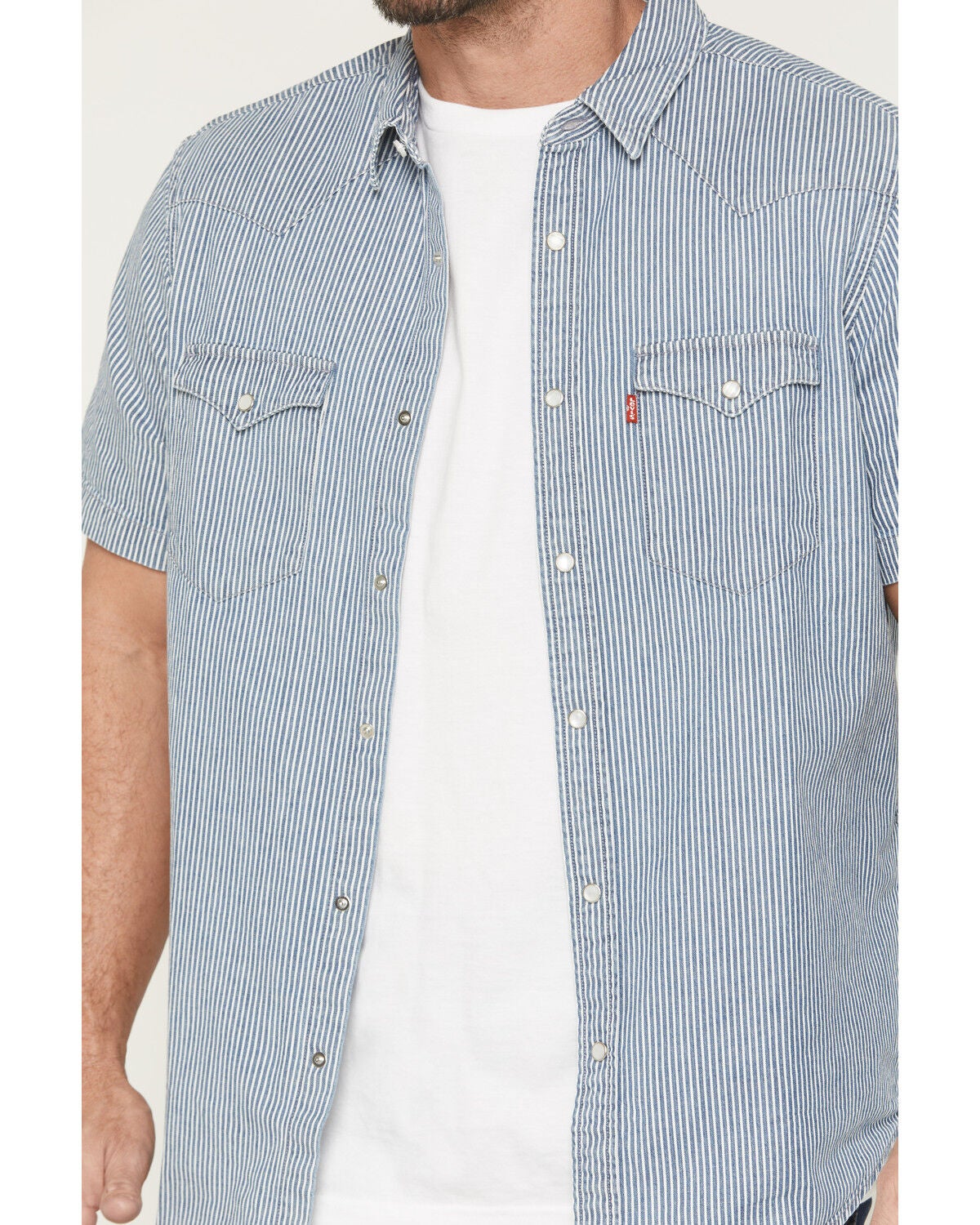 Image #3 - Levi's Men's Classic Picadilly Striped Short Sleeve Snap Western Shirt, Navy, hi-res
