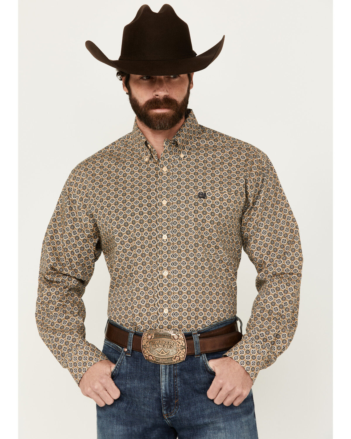 Image #1 - Cinch Men's Medallion Print Long Sleeve Button-Down Western Shirt, Gold, hi-res