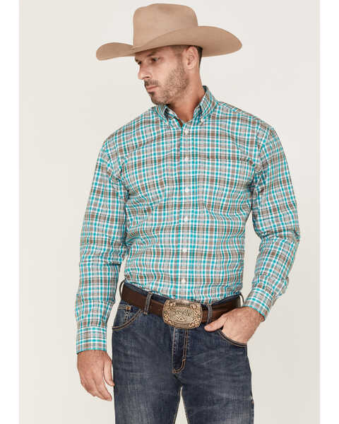 Image #1 - Rough Stock by Panhandle Men's Dobby Small Plaid Print Long Sleeve Button Down Western Shirt , Turquoise, hi-res