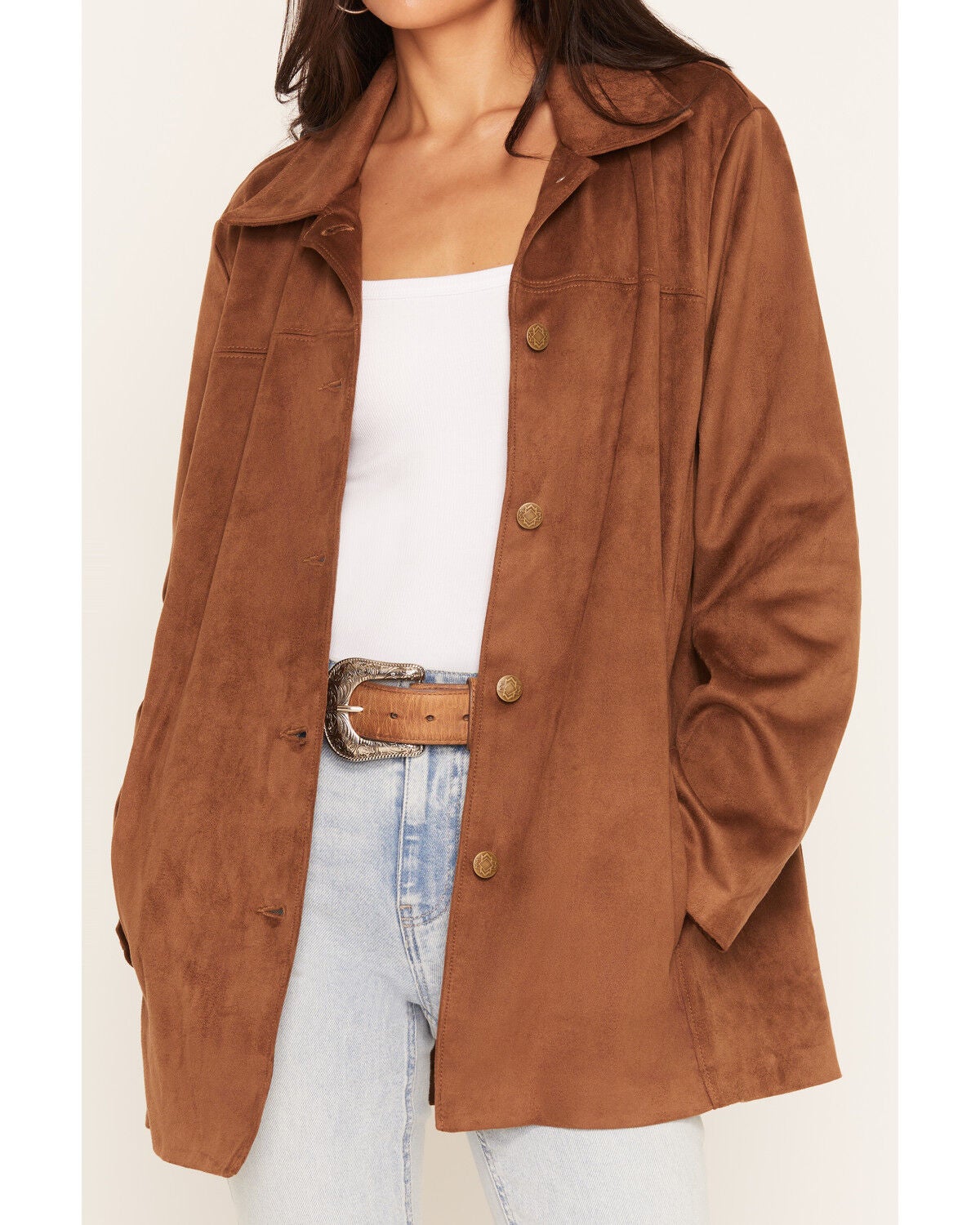 Image #3 - Ariat Women's Ally Long Sleeve Faux Suede Oversized Shacket, Brown, hi-res