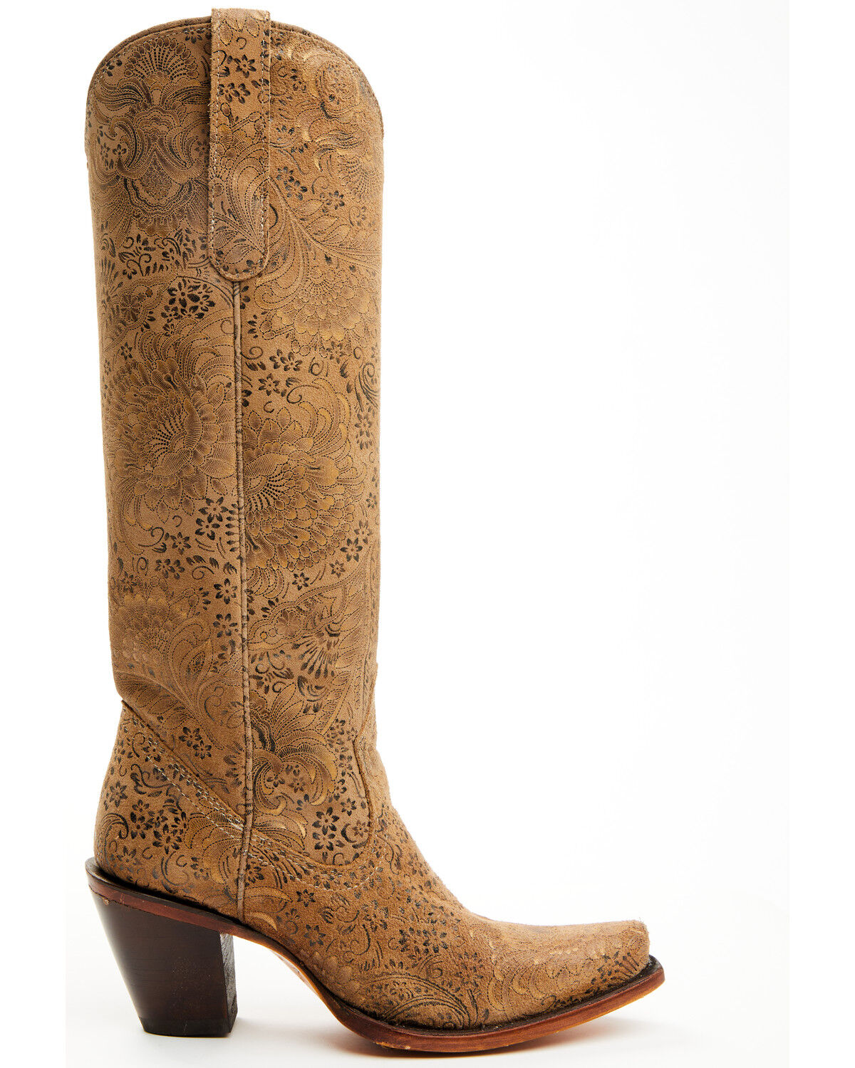 Image #2 - Corral Women's Stamped Floral Suede Tall Western Boots - Snip Toe, Sand, hi-res