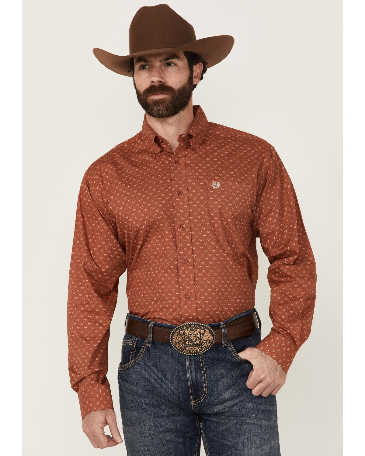 Cinch Men's Long Horn Print Long Sleeve Button-Down Western Shirt, Orange, hi-res