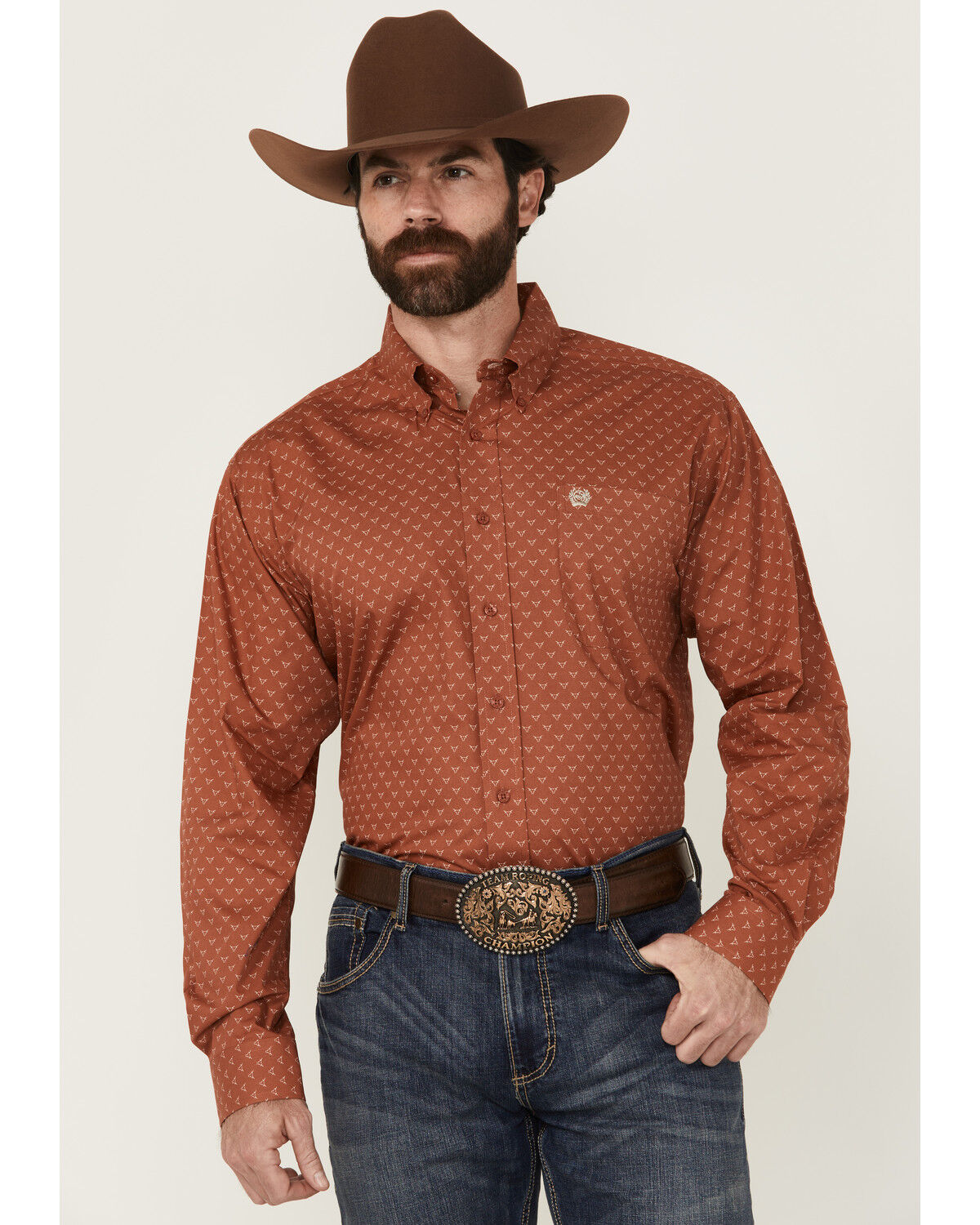 Image #1 - Cinch Men's Long Horn Print Long Sleeve Button-Down Western Shirt, Orange, hi-res