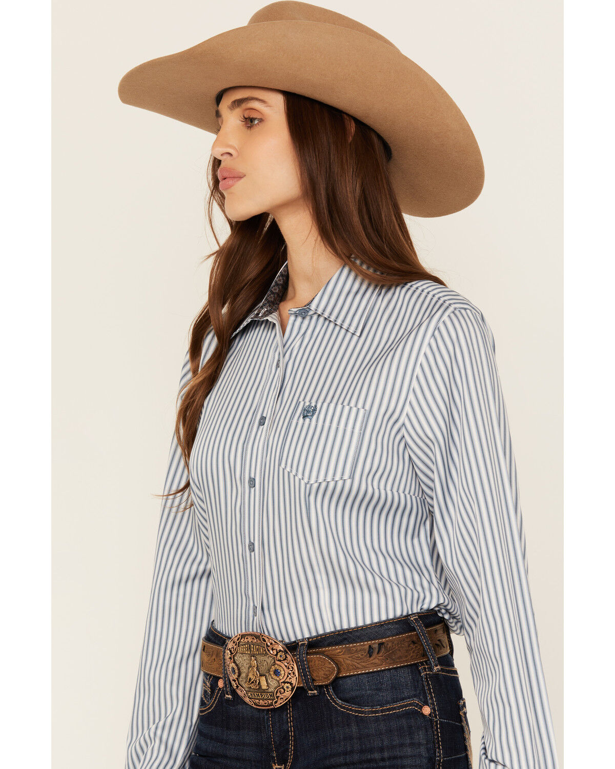 Image #2 - Cinch Women's Striped Long Sleeve Button-Down Western Shirt, Blue, hi-res
