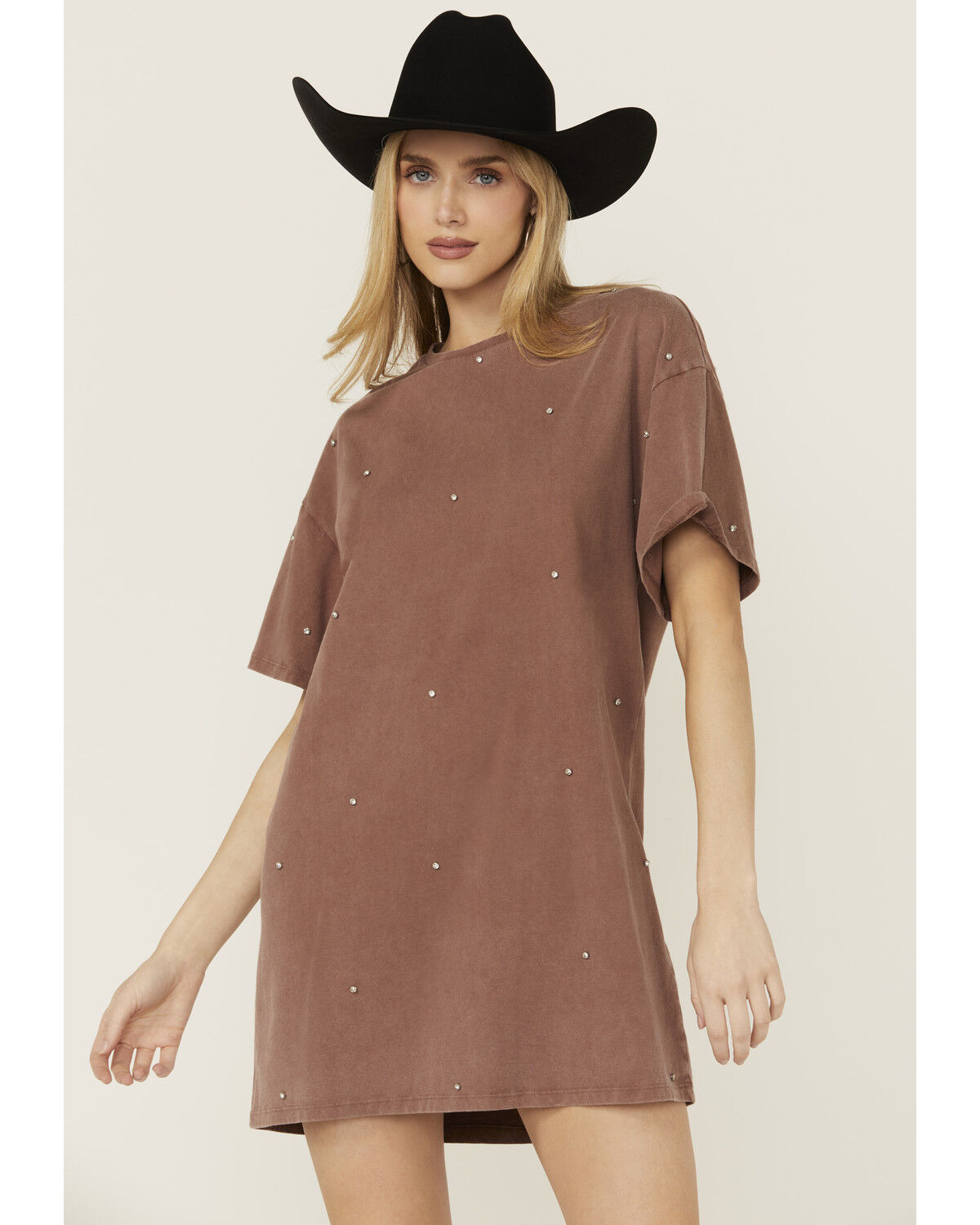 Image #2 - Rock & Roll Denim Women's Rhinestone Short Sleeve T-Shirt Mini Dress, Brown, hi-res