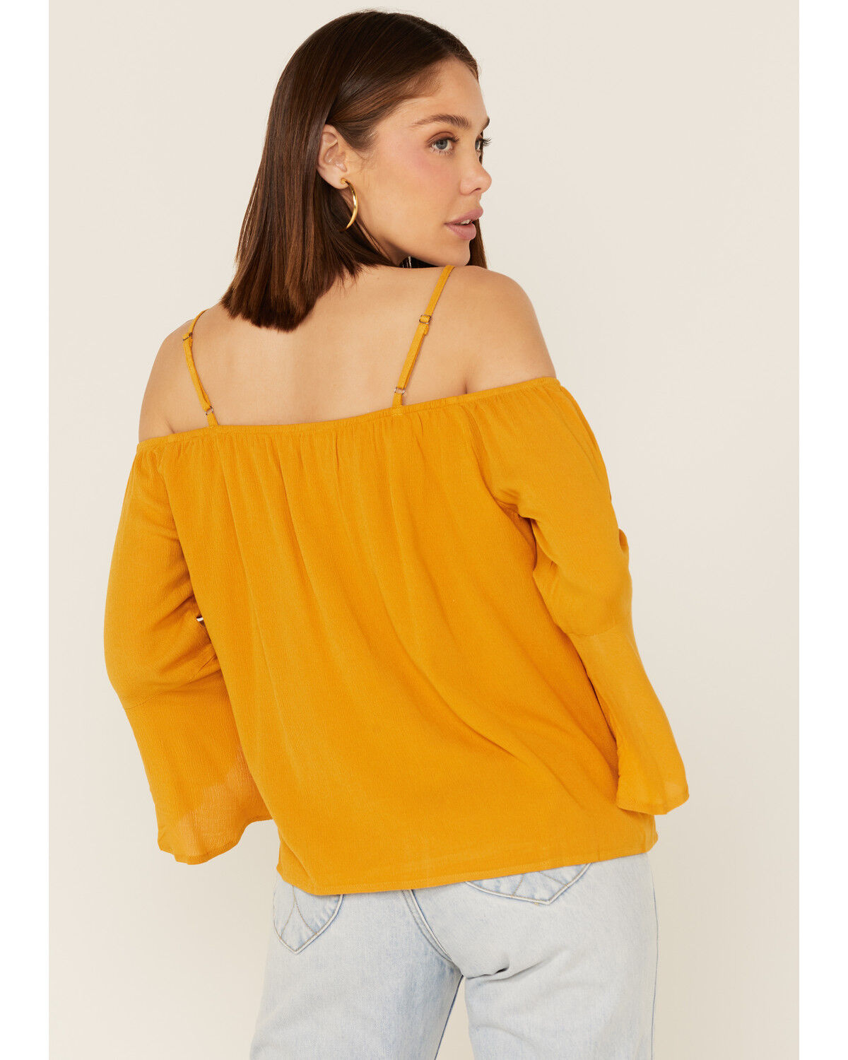 Image #4 - Miss Me Women's Cold Shoulder Lace Top, Mustard, hi-res