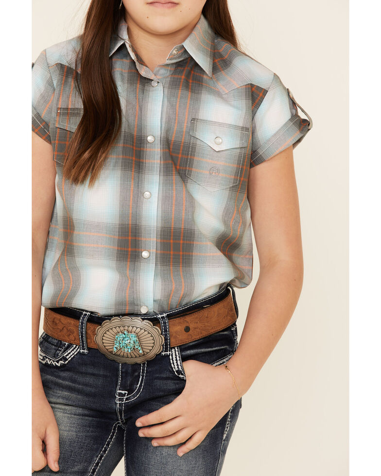 Amarillo Girls' Copper Ridge Dawn Plaid Short Sleeve Snap Western Shirt , Grey, hi-res