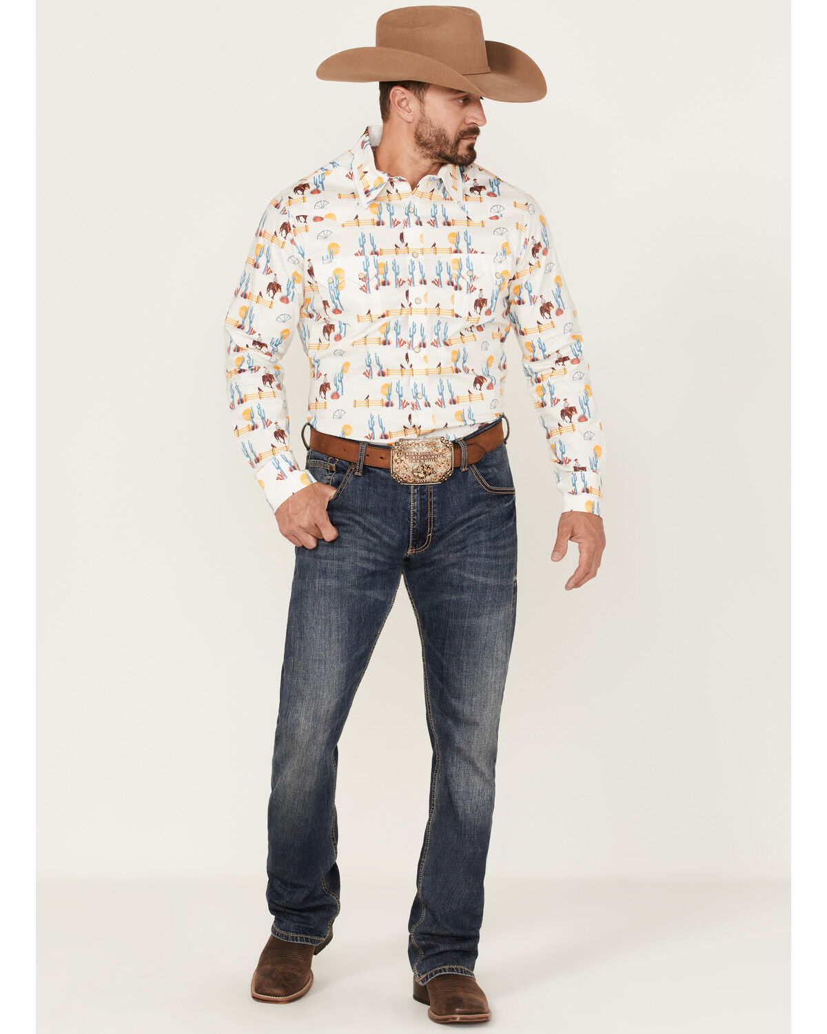 Image #2 - Dale Brisby Men's All-Over Scenic Print Long Sleeve Snap Western Shirt, Teal, hi-res