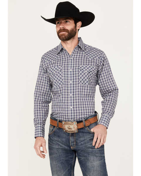Ely Walker Men's Plaid Print Long Sleeve Pearl Snap Western Shirt - Big, Navy, hi-res