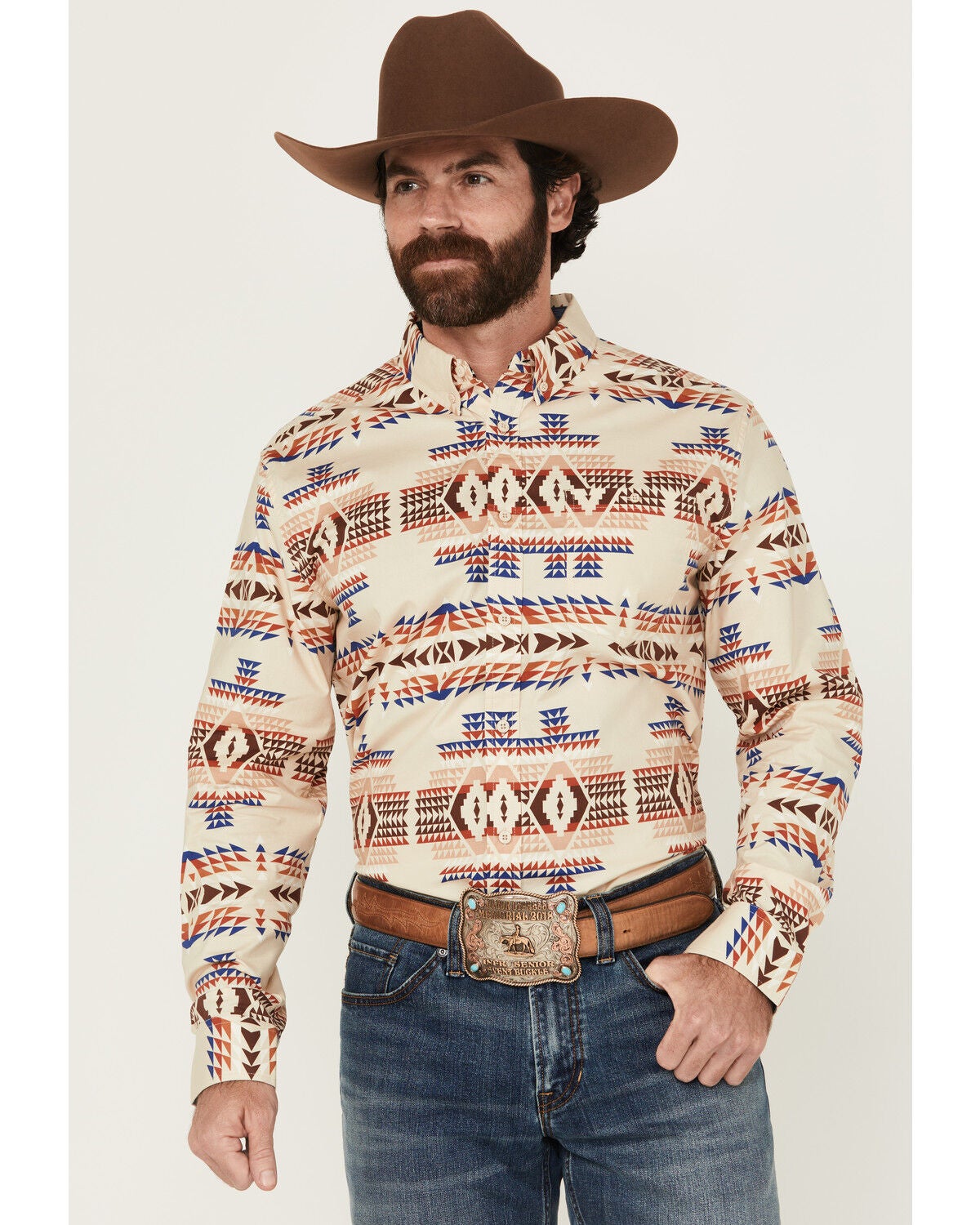 Image #1 - RANK 45&reg; Men's Pablo Southwestern Print Long Sleeve Button-Down Western Shirt, Cream, hi-res