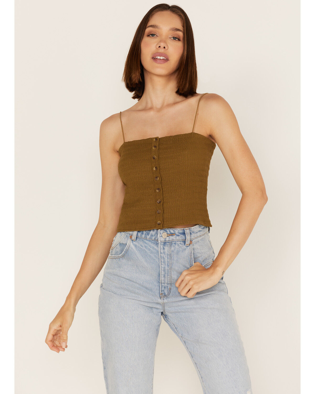 Image #1 - Cleo + Wolf Women's Smocked Button Front Tank, Green/brown, hi-res