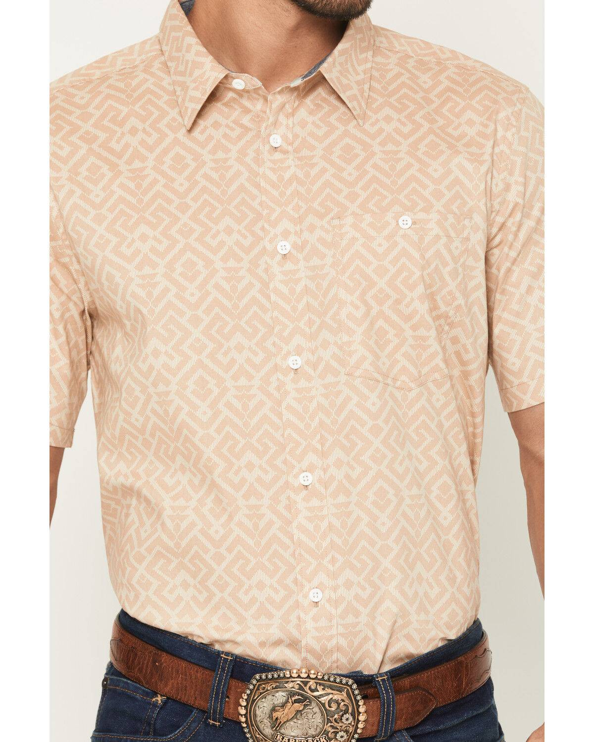 Image #3 - RANK 45® Men's Mustang 2 Geo Print Short Sleeve Button-Down Stretch Western Shirt, Tan, hi-res