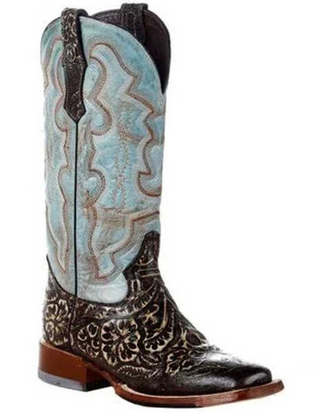 Tanner Mark Women's Tooled Western Boots - Broad Square Toe, Brown, hi-res