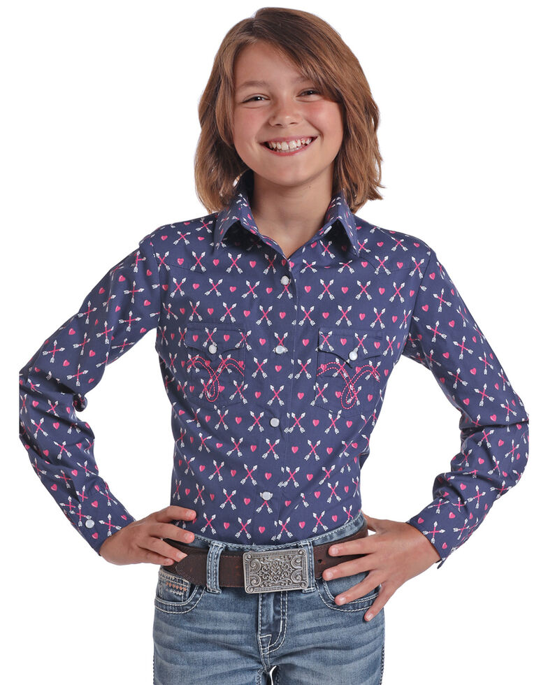 White Label by Panhandle Girls' Navy Arrow & Heart Long Sleeve Western Shirt, Navy, hi-res