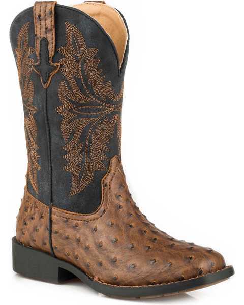 Image #1 - Roper Boys' Jed Faux Ostrich Western Boots - Square Toe, Brown, hi-res