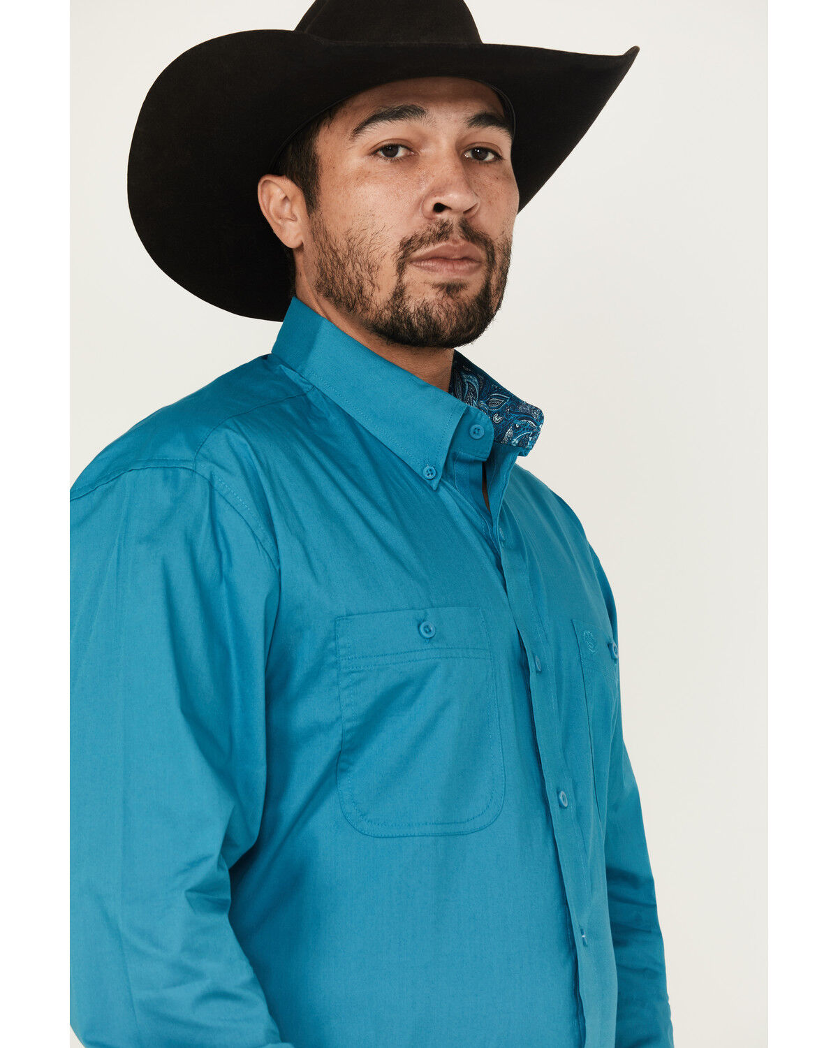 Image #2 - George Strait by Wrangler Men's Solid Long Sleeve Button-Down Stretch Western Shirt - Big, Teal, hi-res