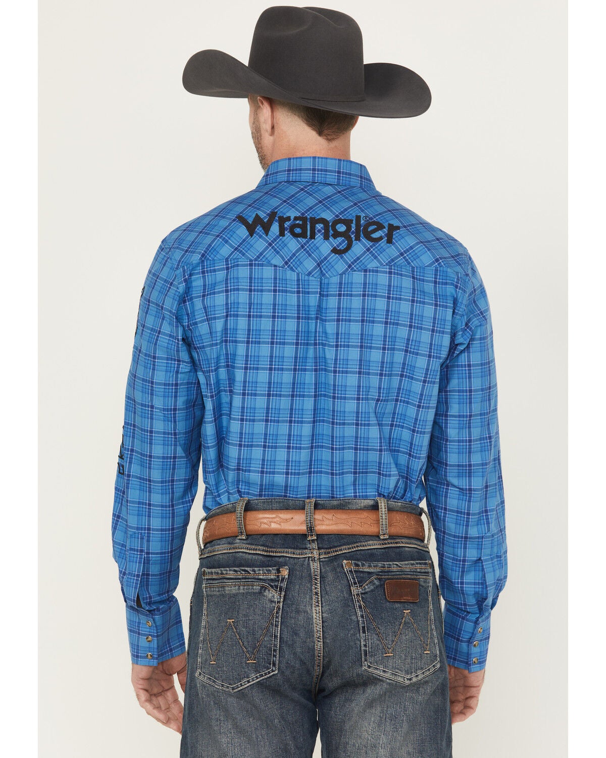 Image #4 - Wrangler Men's Plaid Print Logo Long Sleeve Snap Western Shirt, Blue, hi-res