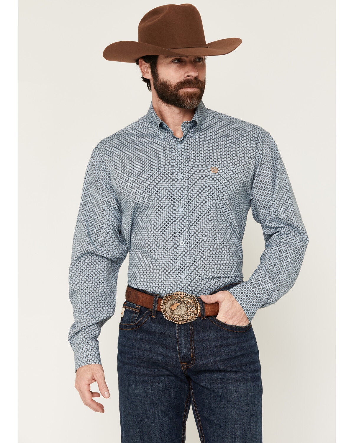 Cinch Men's Geo Print Long Sleeve Button-Down Stretch Western Shirt, Light Blue, hi-res