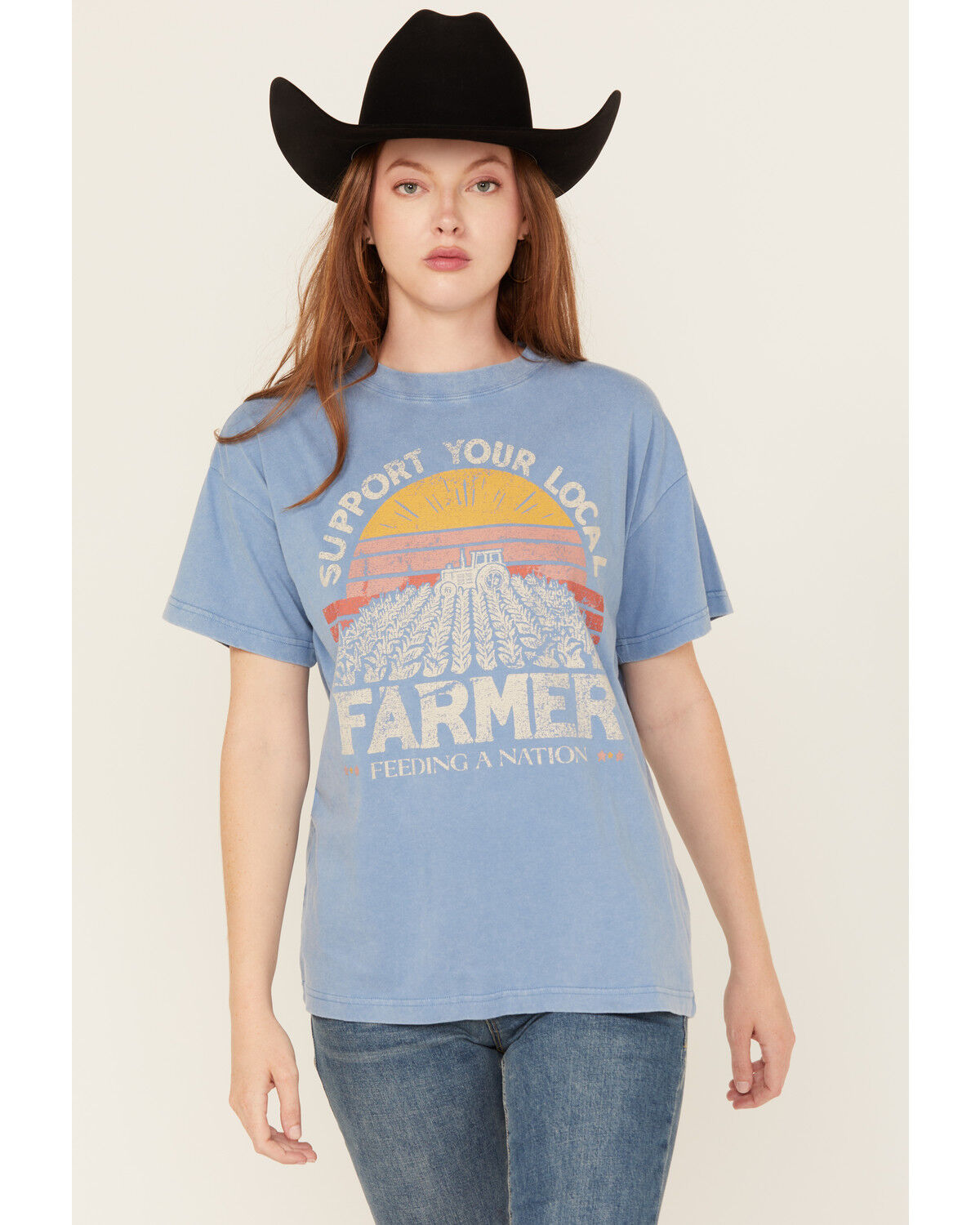 Image #1 - Cleo + Wolf Women's Support Your Local Farmer Short Sleeve Oversized Graphic Tee, Steel Blue, hi-res